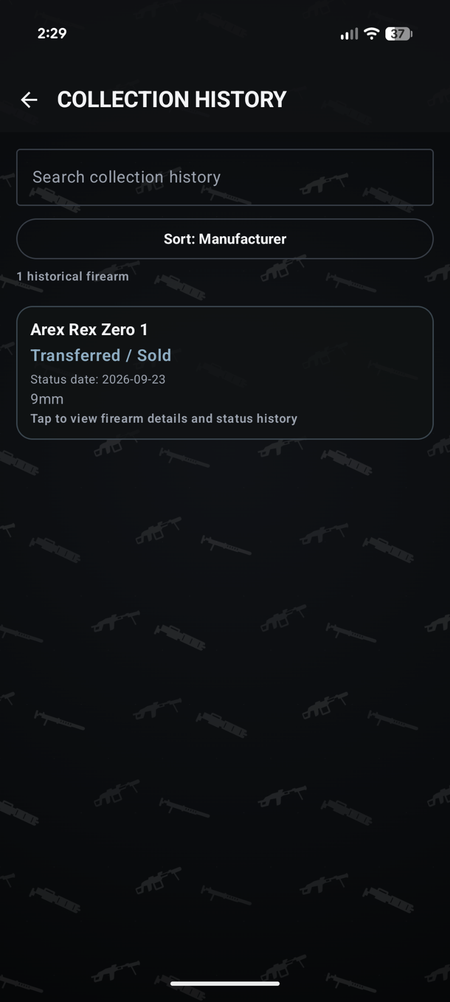 Gunventory Collection History screen