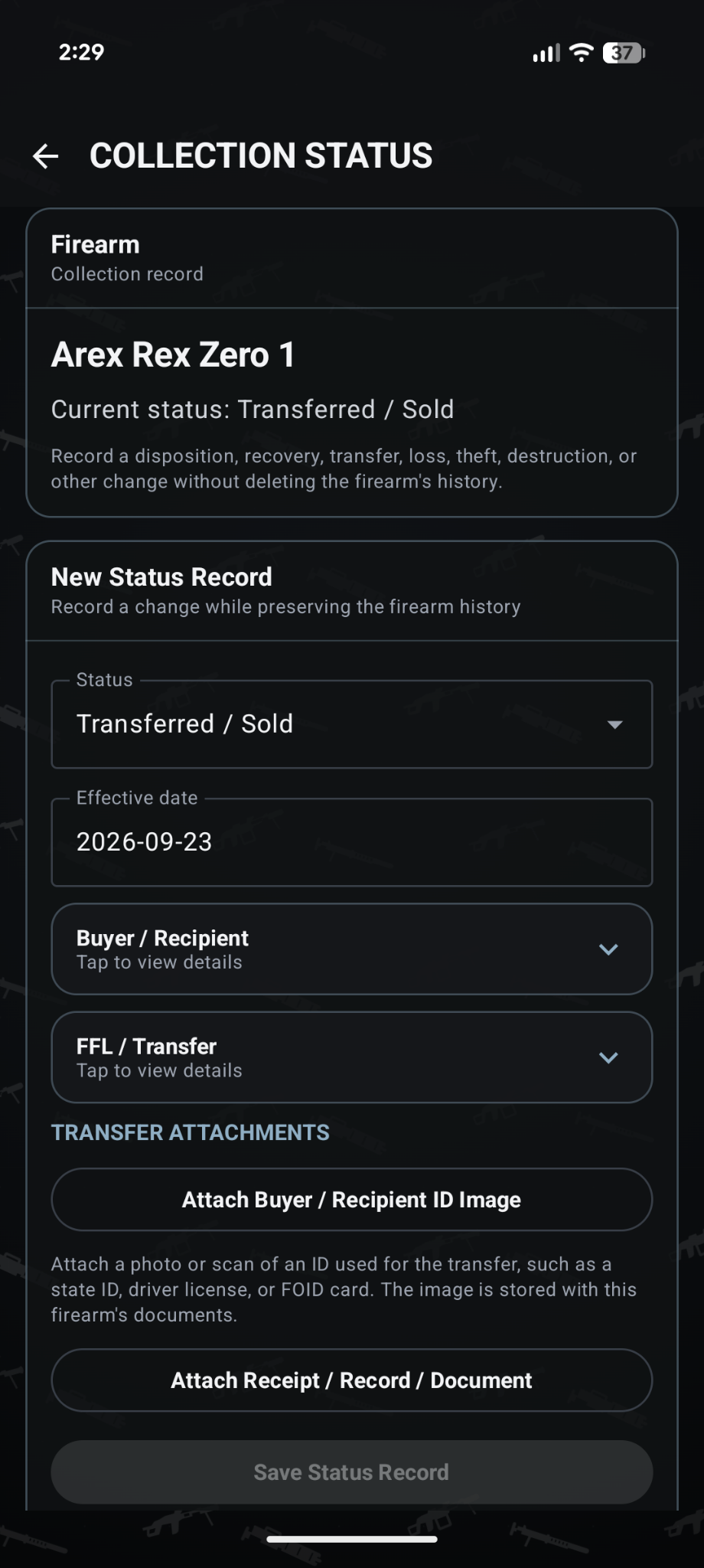 Gunventory Collection Status screen