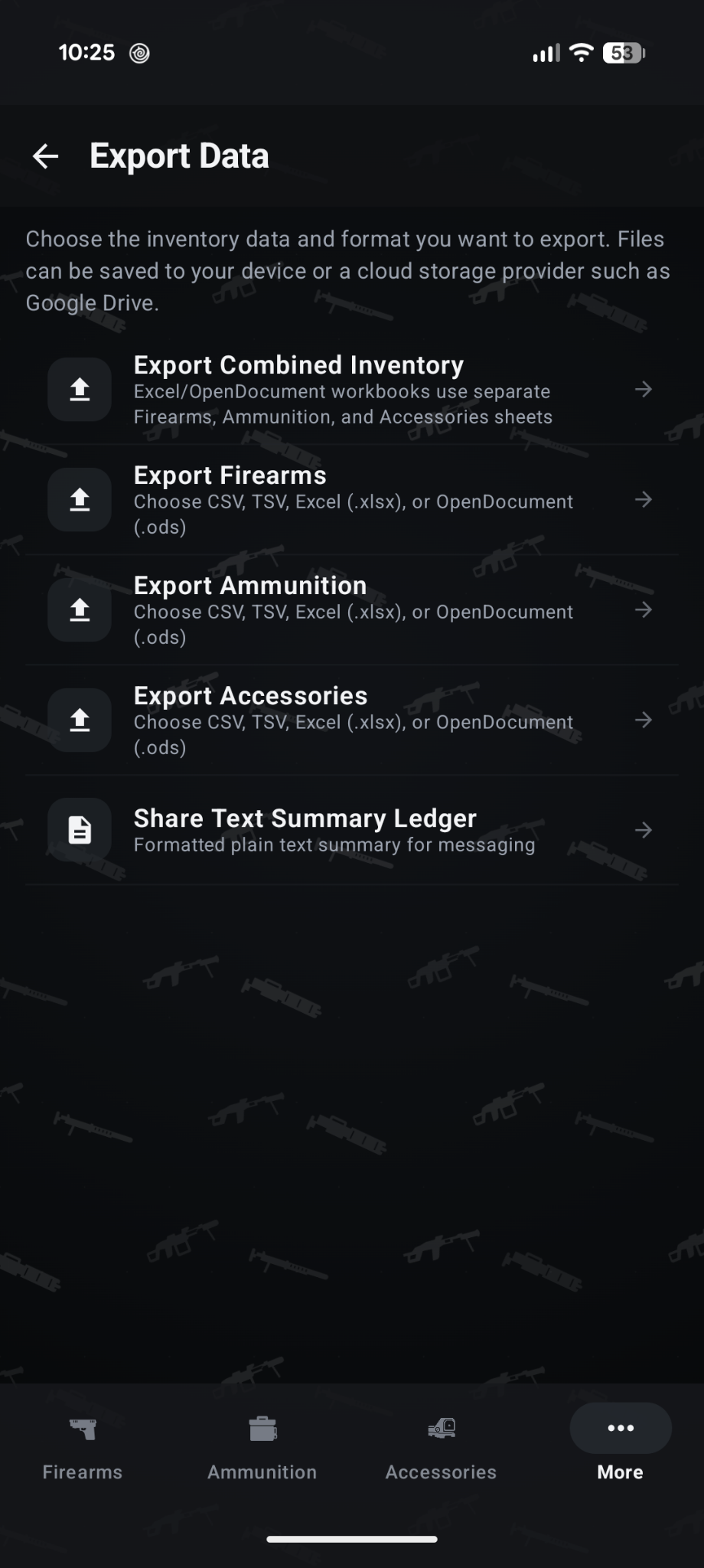 Gunventory Export Data screen