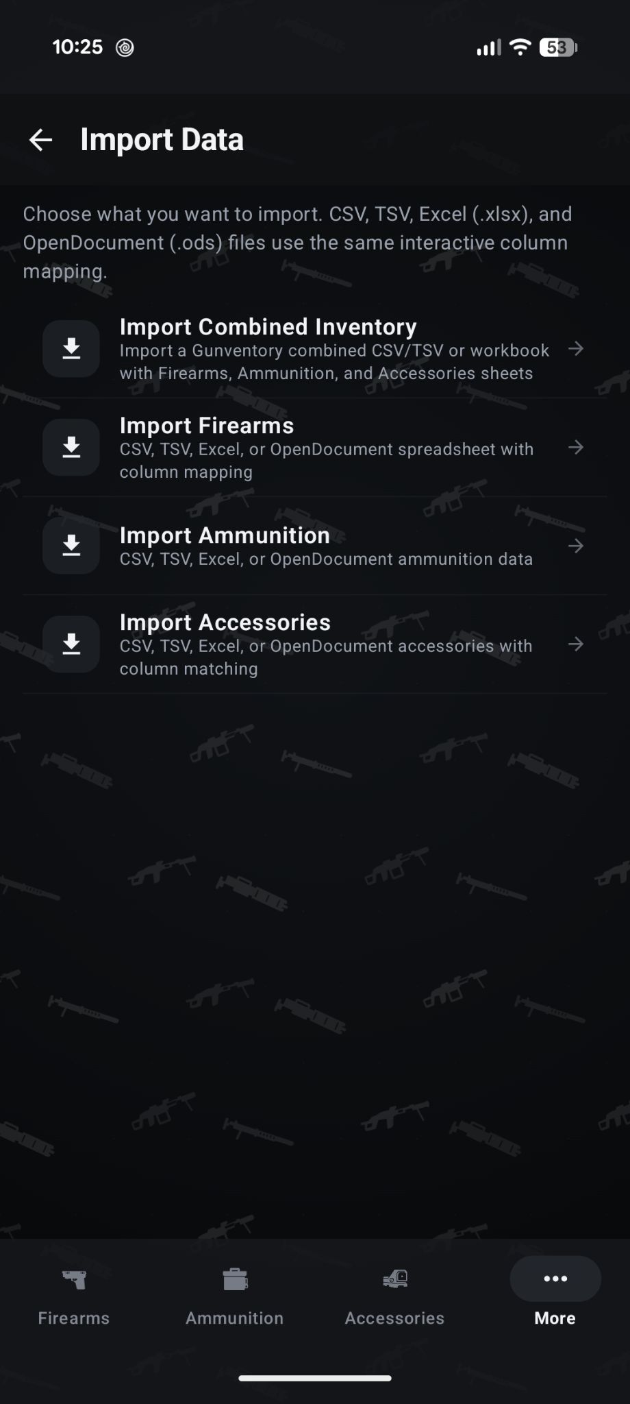 Gunventory Import Data screen